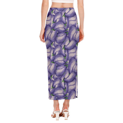 Watercolor Eggplant Print Side Slit Maxi Skirt