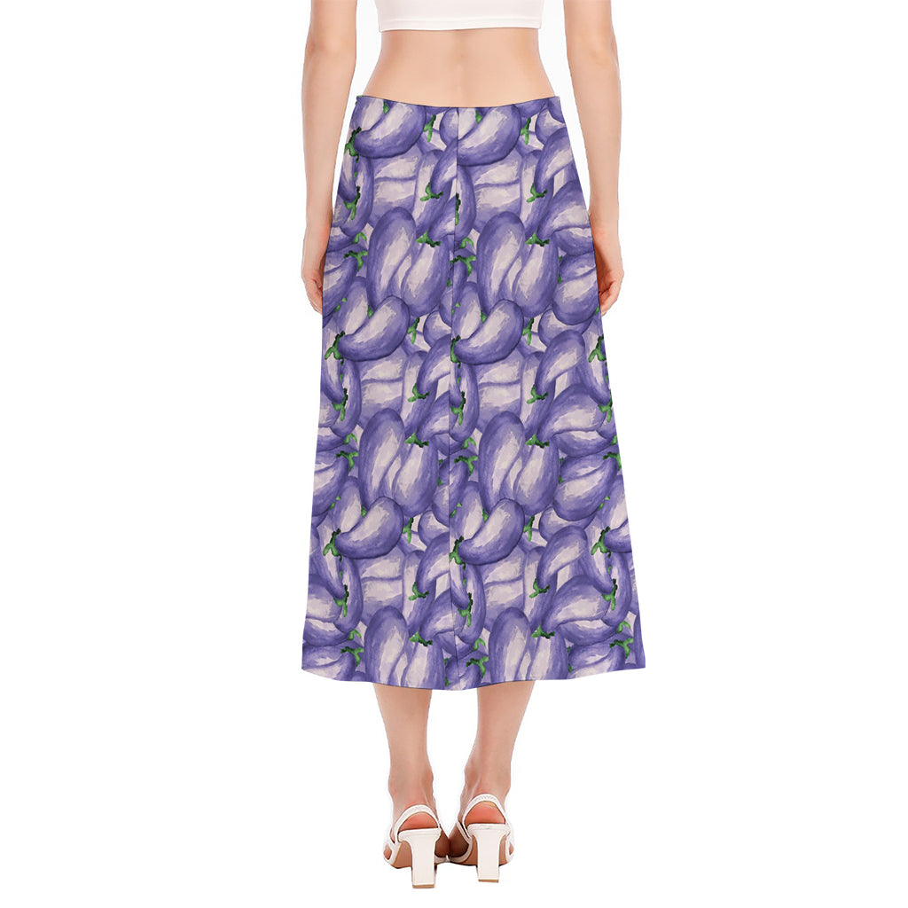 Watercolor Eggplant Print Side Slit Midi Skirt