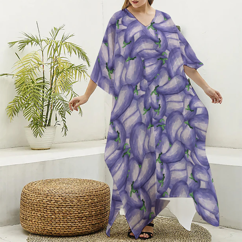 Watercolor Eggplant Print Silk V-Neck Kaftan Dress