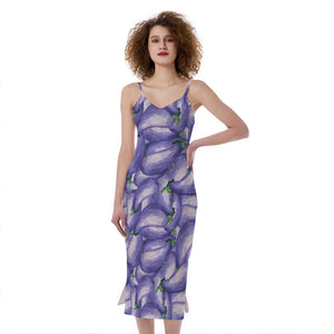 Watercolor Eggplant Print Slim Fit Midi Cami Dress