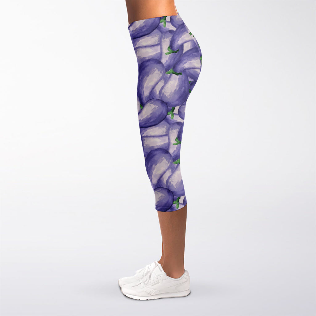 Watercolor Eggplant Print Women's Capri Leggings