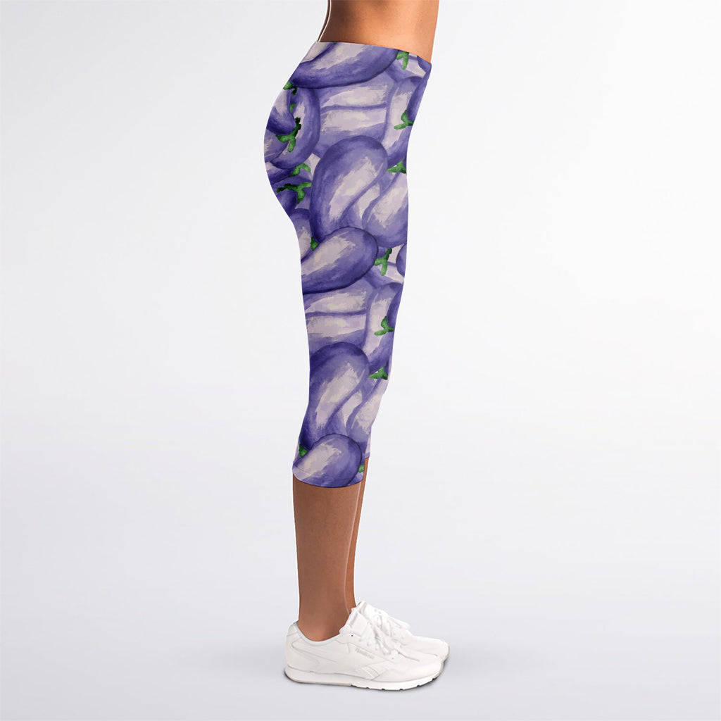 Watercolor Eggplant Print Women's Capri Leggings