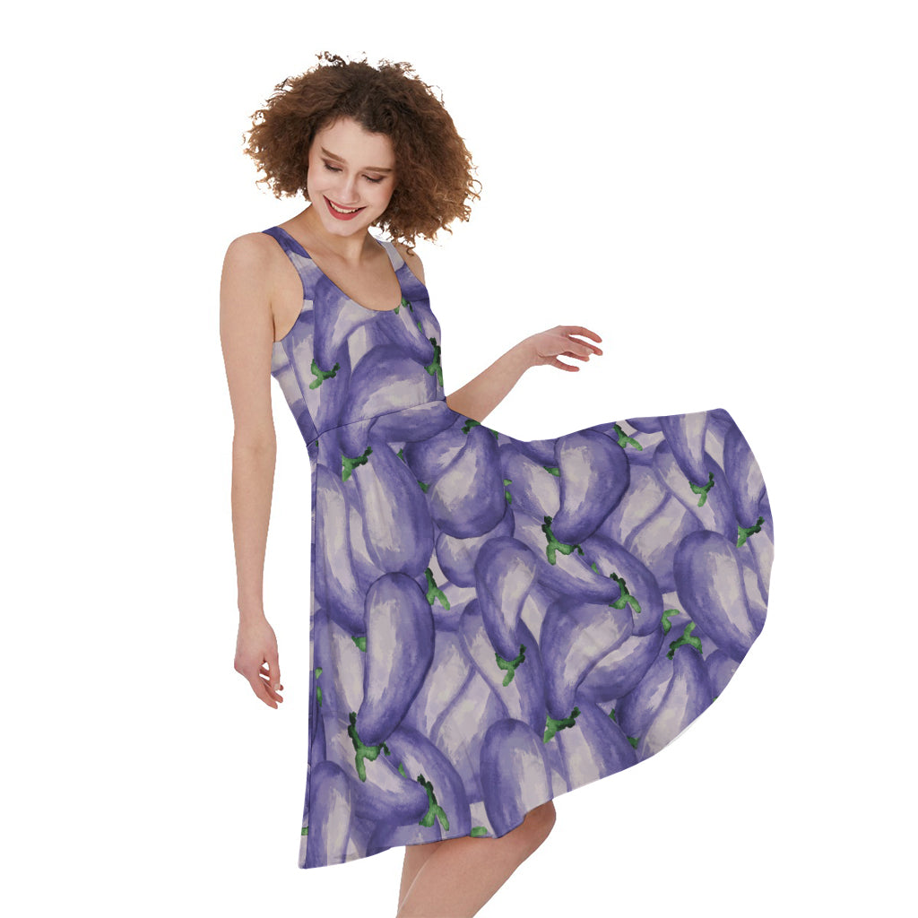 Watercolor Eggplant Print Women's Sleeveless Dress