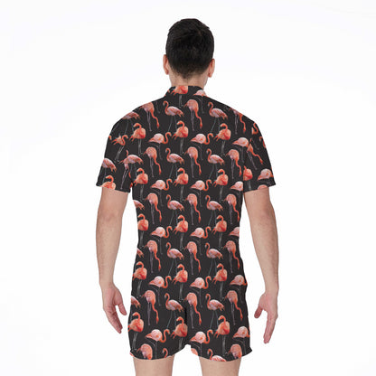 Watercolor Flamingo Pattern Print Men's Rompers