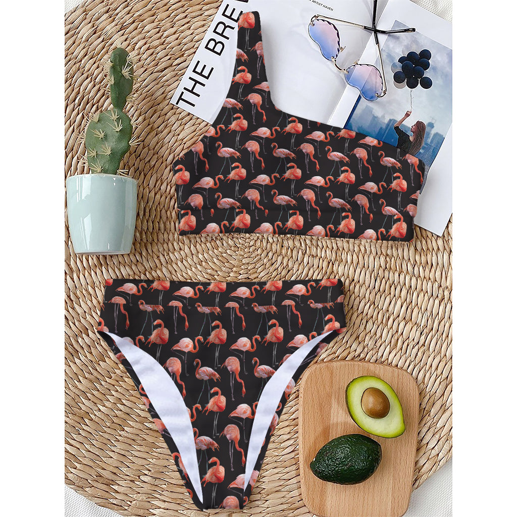 Watercolor Flamingo Pattern Print One Shoulder Bikini Top