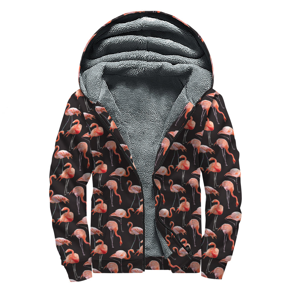 Watercolor Flamingo Pattern Print Sherpa Lined Zip Up Hoodie