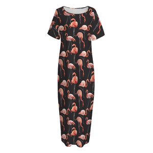 Watercolor Flamingo Pattern Print Short Sleeve Long Nightdress