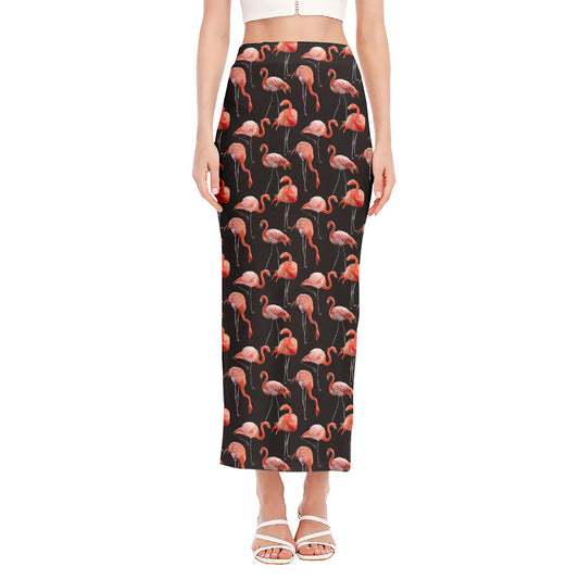 Watercolor Flamingo Pattern Print Side Slit Maxi Skirt