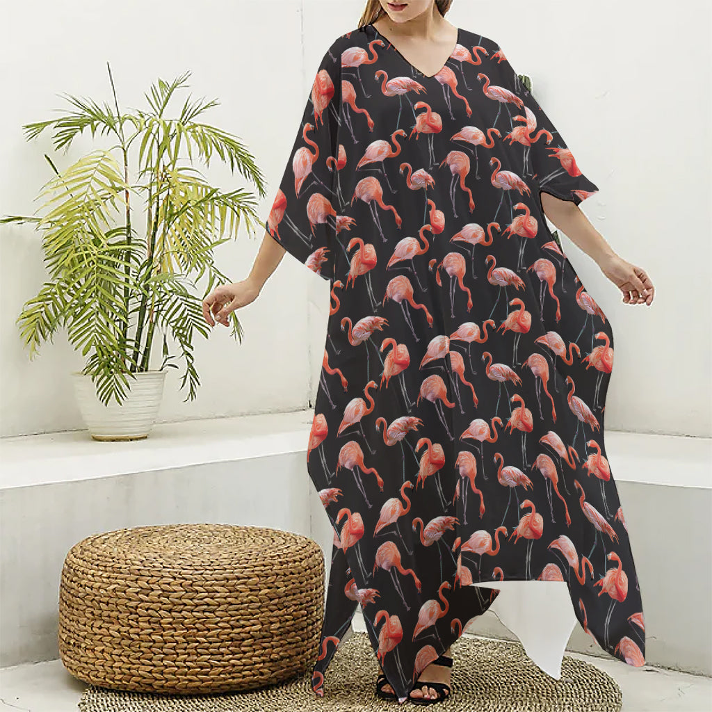 Watercolor Flamingo Pattern Print Silk V-Neck Kaftan Dress