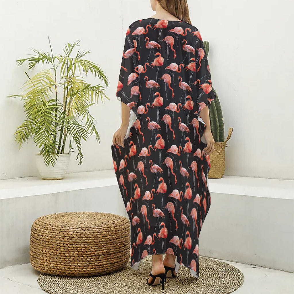 Watercolor Flamingo Pattern Print Silk V-Neck Kaftan Dress