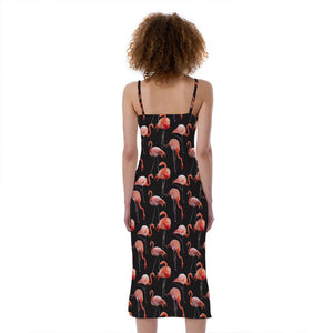 Watercolor Flamingo Pattern Print Slim Fit Midi Cami Dress