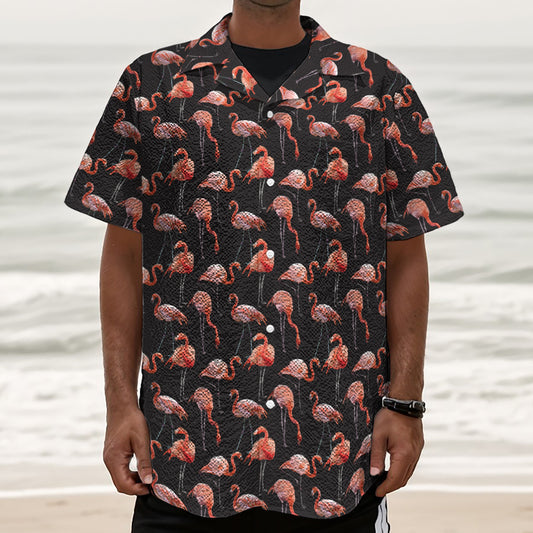 Watercolor Flamingo Pattern Print Textured Short Sleeve Shirt