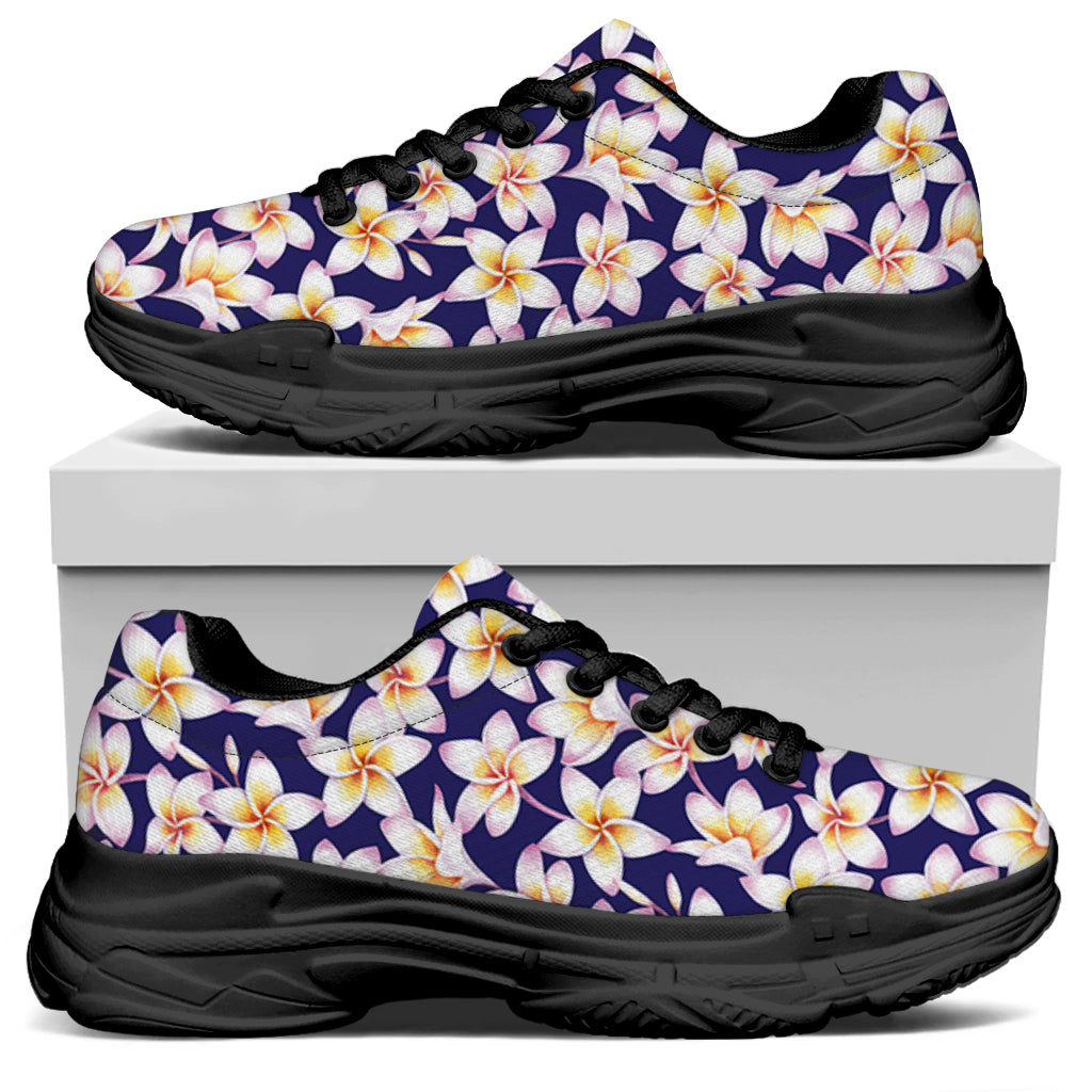 Watercolor Frangipani Flower Print Black Chunky Shoes