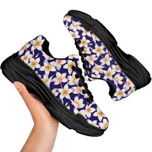 Watercolor Frangipani Flower Print Black Chunky Shoes