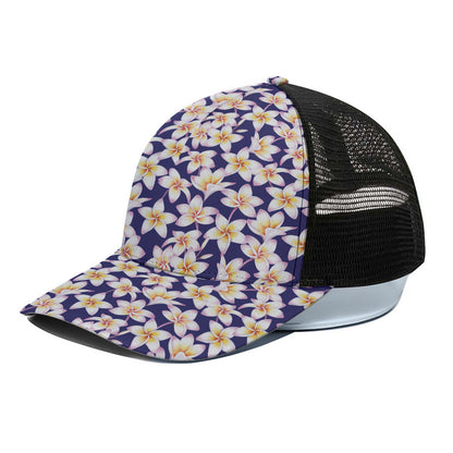 Watercolor Frangipani Flower Print Black Mesh Trucker Cap
