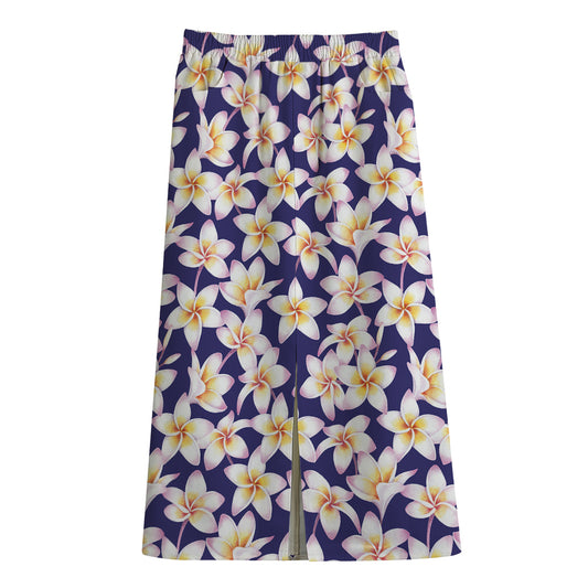 Watercolor Frangipani Flower Print Cotton Front Slit Maxi Skirt