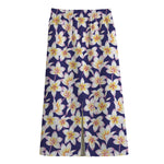 Watercolor Frangipani Flower Print Cotton Front Slit Maxi Skirt