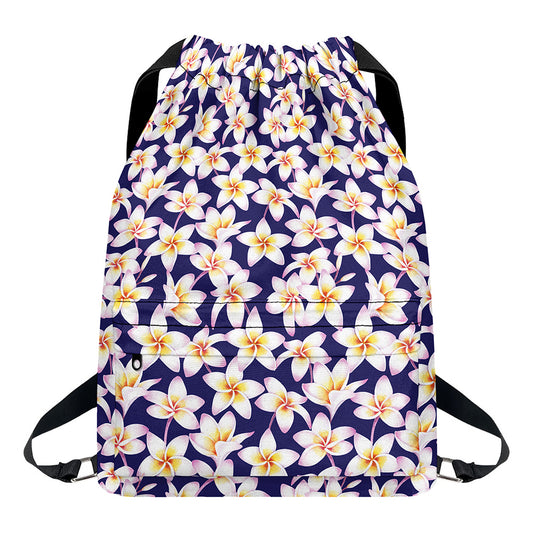 Watercolor Frangipani Flower Print Drawstring Backpack