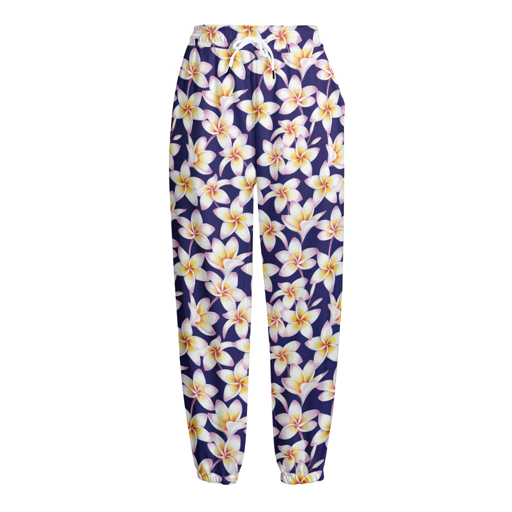 Watercolor Frangipani Flower Print Fleece Lined Knit Pants