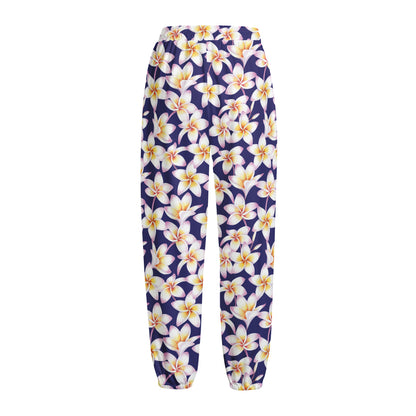 Watercolor Frangipani Flower Print Fleece Lined Knit Pants