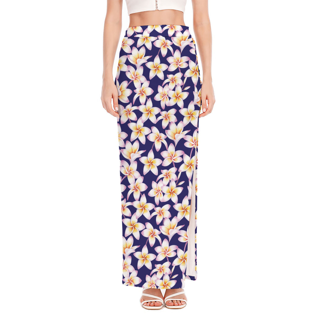 Watercolor Frangipani Flower Print High Slit Maxi Skirt