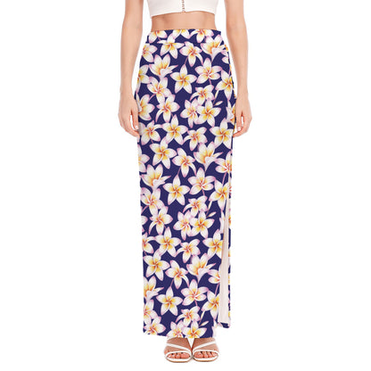 Watercolor Frangipani Flower Print High Slit Maxi Skirt
