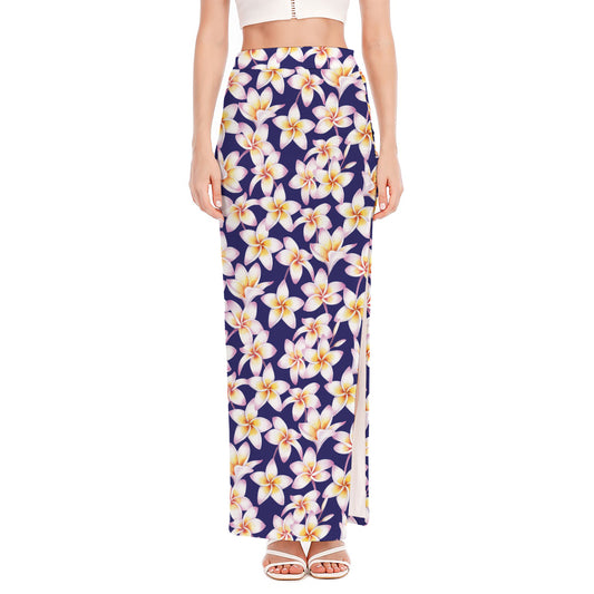 Watercolor Frangipani Flower Print High Slit Maxi Skirt