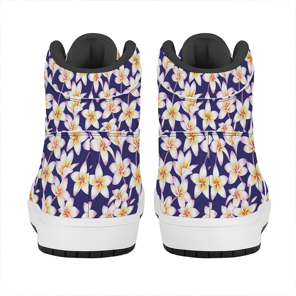 Watercolor Frangipani Flower Print High Top Leather Sneakers