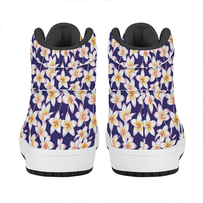 Watercolor Frangipani Flower Print High Top Leather Sneakers