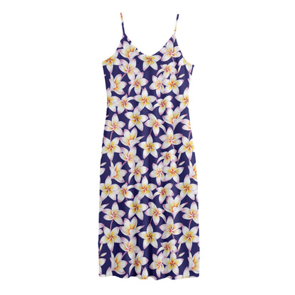 Watercolor Frangipani Flower Print Jersey Midi Cami Dress