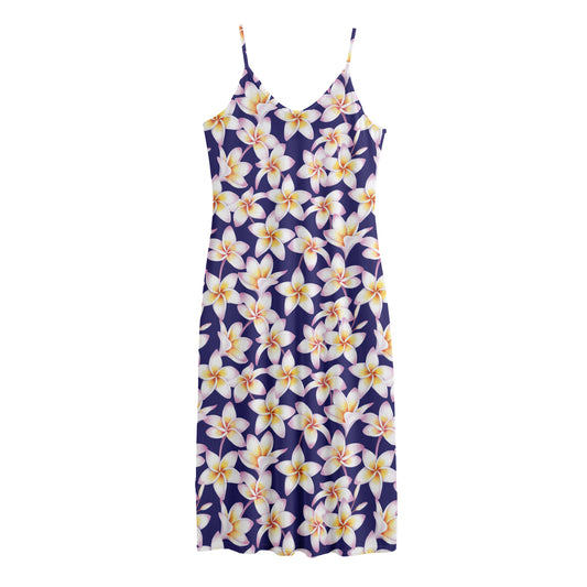 Watercolor Frangipani Flower Print Jersey Midi Cami Dress