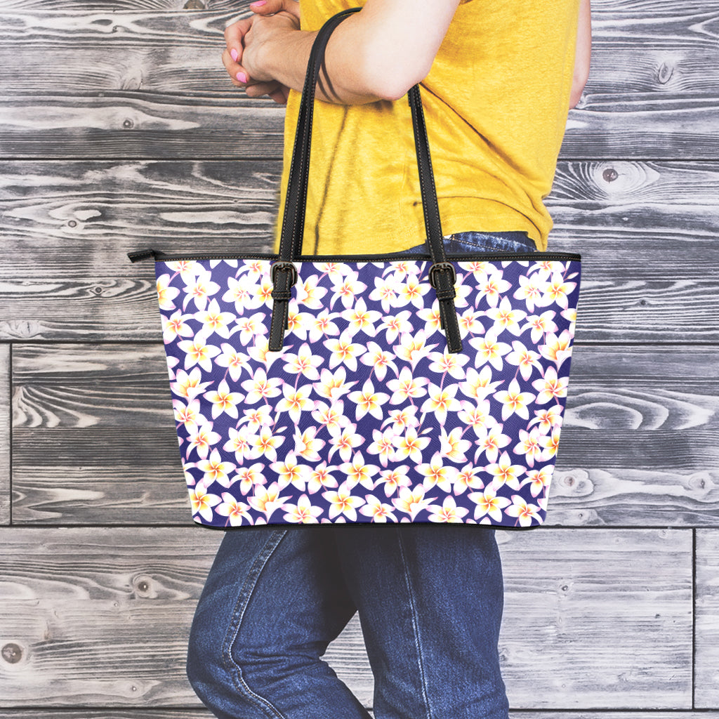 Watercolor Frangipani Flower Print Leather Tote Bag