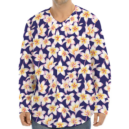 Watercolor Frangipani Flower Print Long Sleeve Baseball Jersey