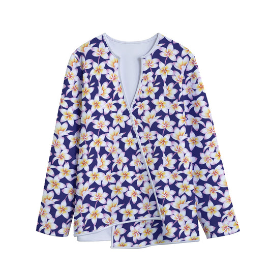 Watercolor Frangipani Flower Print Long Sleeve Short Coat