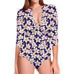 Watercolor Frangipani Flower Print Long Sleeve Swimsuit