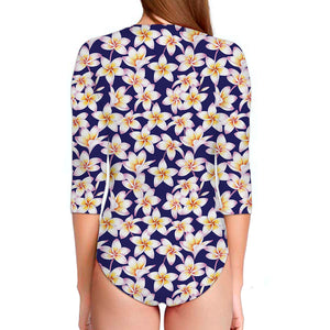 Watercolor Frangipani Flower Print Long Sleeve Swimsuit