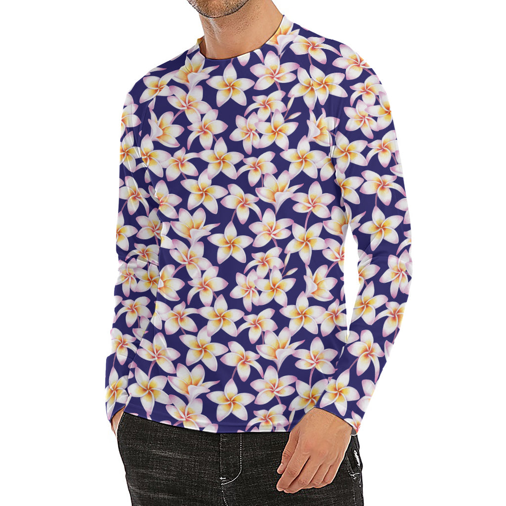 Watercolor Frangipani Flower Print Men's Long Sleeve Rash Guard