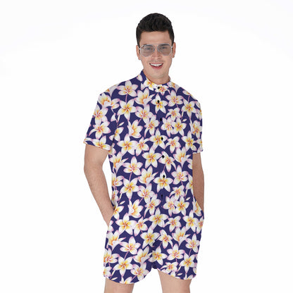 Watercolor Frangipani Flower Print Men's Rompers