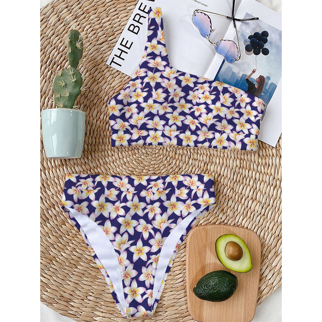 Watercolor Frangipani Flower Print One Shoulder Bikini Top