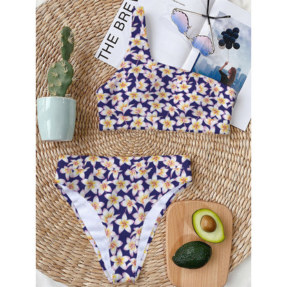 Watercolor Frangipani Flower Print One Shoulder Bikini Top