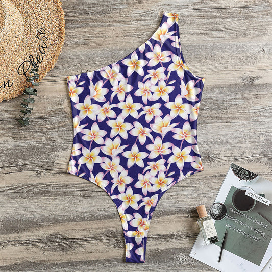 Watercolor Frangipani Flower Print One Shoulder Bodysuit