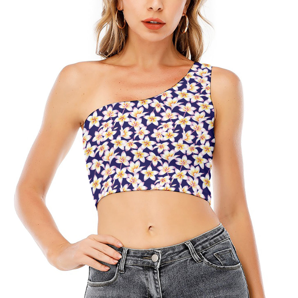 Watercolor Frangipani Flower Print One Shoulder Crop Top