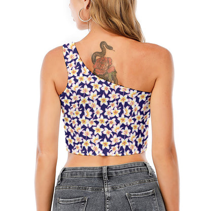 Watercolor Frangipani Flower Print One Shoulder Crop Top