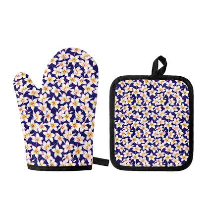 Watercolor Frangipani Flower Print Oven Mitt And Pot Holder Set