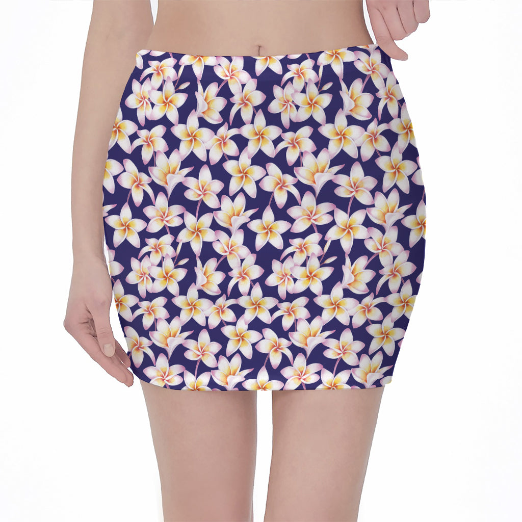 Watercolor Frangipani Flower Print Pencil Mini Skirt