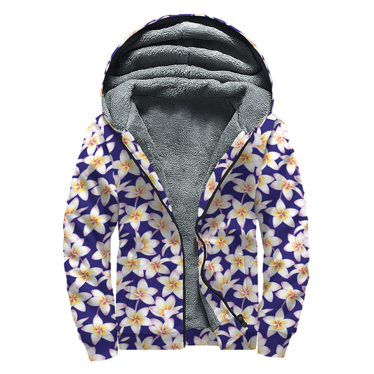 Watercolor Frangipani Flower Print Sherpa Lined Zip Up Hoodie
