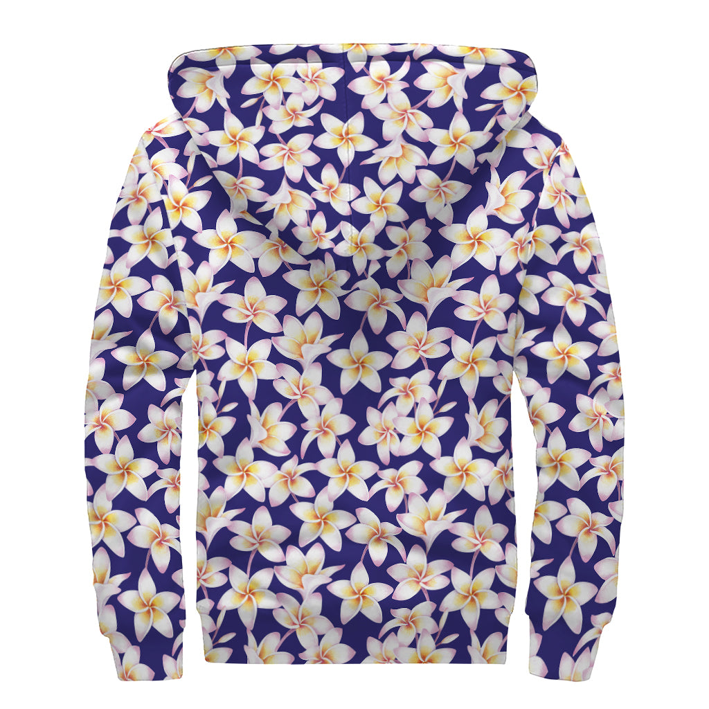 Watercolor Frangipani Flower Print Sherpa Lined Zip Up Hoodie