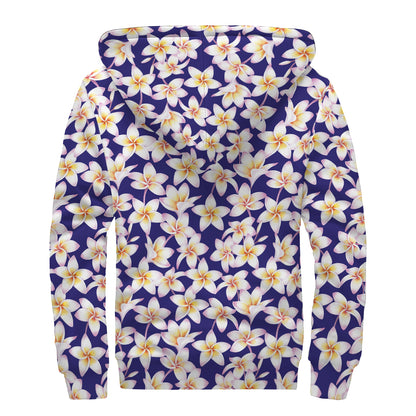 Watercolor Frangipani Flower Print Sherpa Lined Zip Up Hoodie