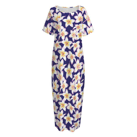 Watercolor Frangipani Flower Print Short Sleeve Long Nightdress