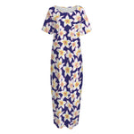 Watercolor Frangipani Flower Print Short Sleeve Long Nightdress